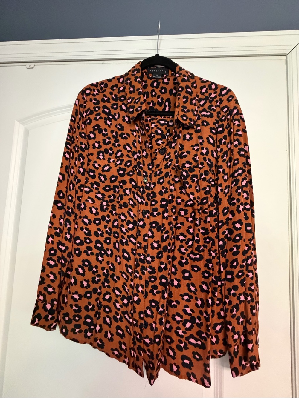 Sanctuary Rust Animal Print Blouse with Pink & Black Spots